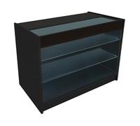 Comptoir de Vente en MDF Noir LED Blancs Intégrés K1200 3 Étagères Portes Coulissantes Verouillables Rangement Commerciale Vitrine en Verre Acceuil Réception Bureau Vêtements Bijoux [2 Clés INCLUS]
