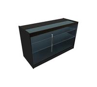 Comptoir de Vente en MDF Noir LED Blancs Intégrés K1500 3 Étagères Portes Coulissantes Verouillables Rangement Commerciale Vitrine en Verre Acceuil Réception Bureau Vêtements Bijoux [2 Clés Inclus]