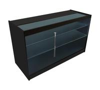 Comptoir de Vente en MDF Noir LED Blancs Intégrés K1500 3 Étagères Portes Coulissantes Verouillables Rangement Commerciale Vitrine en Verre Acceuil Réception Bureau Vêtements Bijoux [2 Clés Inclus]
