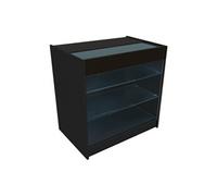 Comptoir de Vente en MDF Noir LED Blancs Intégrés K900 3 Etagères Portes Coulissantes Verouillables Rangement Commerciale Vitrine en Verre Acceuil