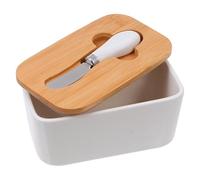 COMPUKAS Boîte à Beurre Porcelaine avec Couvercle Bambou et Couteau Récipient de Rangement Résistant aux Taches pour Cuisine Petit Beurrier avec Coupe-beurre pour Snacks Couleur