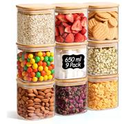 ComSaf Bocaux en verre avec couvercles 650 ml, lot de 9 pour la cuisine | Rangement cuisine, Couvercles en bambou, Cacahuètes, Riz aromatique, Graines de tournesol, Verre borosilicaté