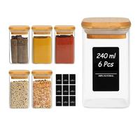 ComSaf Lot de 6 pots à épices en verre de 240 ml avec couvercles et étiquette, bouteilles à épices en verre avec couvercles en bambou, petit récipient à épices, parfait pour les débutants Ktichen