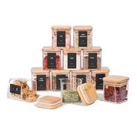 ComSaf Pots à Épices Carrés, 12 x 120 ml, Bocaux à Épices en Verre avec Couvercle en Bambou, Pots Hermétiques avec 54 Étiquettes, pour Épices, Herbes, Rangement Épices Cuisine, Tiroir et Cuisine