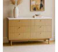 CONCEPT USINE Buffet Brox 6 Tiroirs Bois Rainuré et Blanc 120cm | Poignées rondes dorées, piètement avec pied central discret, style scandinave pour salle à manger.