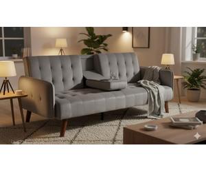 CONCEPT USINE Canapé Convertible Inverness Velours Gris 3 Places | Tablette porte-gobelets intégrée, pieds bois d'hévéa, couchage 161x97cm pour petit espace.