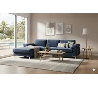 CONCEPT USINE Canapé d'angle Galway 4-5 Places Velours Bleu Angle Gauche | Largeur 262 cm, pieds métal, structure bois massif