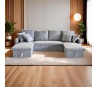CONCEPT USINE | Canapé Panoramique Convertible MAHÉ 4 Places | Tissu Gris Clair | avec Coffres de Rangement | Couchage Spacieux 267x110 cm | Design Moderne et Pratique | Confort et Robustesse