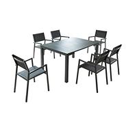 CONCEPT USINE Ensemble Console OLHAO 6 Places + 6 Chaises Aluminium Gris | Assises empilables en textilène assorties, 130 kg supportés chacune, montage rapide sans outils