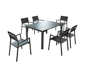 CONCEPT USINE Ensemble Console OLHAO 6 Places + 6 Chaises Aluminium Gris | Assises empilables en textilène assorties, 130 kg supportés chacune, montage rapide sans outils