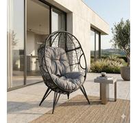 CONCEPT USINE | Fauteuil Oeuf sur Pieds Beige en Résine Gris Aspect Rotin | Design Jane | Structure en Acier | Coussin déperlant | Hamac Balançoire sur Pied terrasse Jardin Balcon | Résiste à l'eau