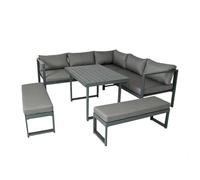 CONCEPT USINE | Grand Salon de Jardin Marbella 7/9 Places Canapé + 2 Bancs | Acier Gris Foncé | Mobilier Jardin Terrasse Piscine | Résistance Soleil & Intempéries | Premium Design Convivial