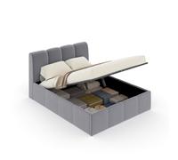 CONCEPT USINE Lit Coffre 2 Places Baltimore Design Nuage Gris 160x200 | Revêtement Velours Doux, Tête Arrondie Cocooning, Grand Espace de Rangement, Sommier à Lattes Bois
