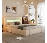 CONCEPT USINE Lit Coffre Nuage Omaha LED Velours Beige 180x200 | Tête galbée aux 16 teintes lumineuses réglables par télécommande, sommier à lattes bois inclus.