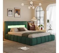 CONCEPT USINE Lit Coffre Nuage Omaha LED Velours Vert 180x200 | Tête galbée aux 16 teintes lumineuses réglables par télécommande, sommier à lattes bois inclus.