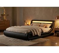 CONCEPT USINE | Lit Double Seattle 160x200 cm avec LED | Design Moderne en Simili Noir | Tête de Lit Lumineuse | Télécommande LED 4 Couleurs Incluse | Structure Plywood Solide et Sommier 2 Places