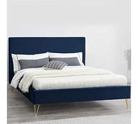 CONCEPT USINE - Lit Riverside Double en Velours Bleu avec Sommier à Lattes 2 Places Intégrés - Couchage 140 x 190 cm - Cadre de Lit Scandinave Tendance 2 Personnes - Pieds Épingles Laiton