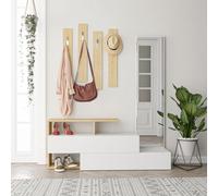 CONCEPT USINE Meuble d'Entrée RAMAR Blanc et Chêne Miroir 137 cm | 6 espaces de rangement et porte-manteaux discret, capacité 12 paires de chaussures