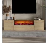 Concept Usine - Meuble TV PYRO 180 cm avec cheminée LED, aspect bois chêne clair, 3 placards