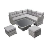 CONCEPT USINE | Salon de Jardin 6 Places Aspect Rotin | Design Viana Gris | 2 Canapés Type Angle, 2 Poufs, 1 Table Basse Relevable en Verre | Structure en Métal Robuste | Terrasse, Patio