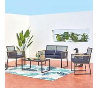 CONCEPT USINE | Salon de Jardin Bas 4 Places | Design MIHATA Noir & Bois | Moderne et Elégant | 1 Table, 1 Canapé, 2 Fauteuils | Robuste et Confortable | Waterproof | Idéal Extérieur, Terrasse, Jardin