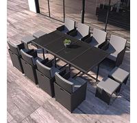 CONCEPT USINE Salon de Jardin Encastrable Florida 12 Pers Noir Gris | Table verre encastrée, 8 fauteuils + 4 poufs, dossiers rabattables