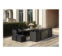 CONCEPT USINE Salon de Jardin Encastrable Miami Noir Coussins Noirs 12 Pers | Table plateau verre amovible, 8 fauteuils + 4 poufs encastrables, résine tressée