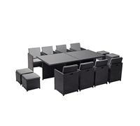 CONCEPT USINE Salon de Jardin Encastrable Monaco 12 Places Noir/Gris | 8 chaises et 4 poufs empilables, grande table verre trempé, structure acier epoxy robuste
