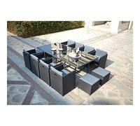 CONCEPT USINE | Salon de Jardin Encastrable Résine Tressée 12 Personnes | Miami Noir Coussins Gris | Table Plateau de Verre Amovible + 8 Fauteuils + 4 poufs | Coussins Déhoussables | Résiste à l'eau