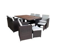 CONCEPT USINE | Salon de Jardin Encastrable Toledo 10 Places Résine Tressée Marron | Table Repas Extérieure avec 6 Fauteuils et 4 Poufs | Plateau Acacia | Coussins Beige Déhoussables | Housse Incluse