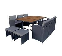 CONCEPT USINE | Salon de Jardin Encastrable Toledo 10 Places Résine Tressée Noir | Table Repas Extérieure avec 6 Fauteuils et 4 Poufs | Plateau Acacia | Coussins Gris Déhoussables | Housse Incluse