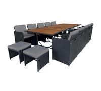 CONCEPT USINE Salon de Jardin Encastrable Toledo 14 Places Noir et Gris | 10 fauteuils dossiers rabattables et 4 poufs, plateau bois d'acacia