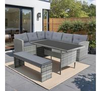 CONCEPT USINE | Salon de Jardin Repas 8 Places Moorea Gris | Canapé d’Angle + Banc + Table Rectangulaire Verre Trempé | Résine Tressée & Acier | Coussins Déhoussables Confort 5 cm | Design Moderne