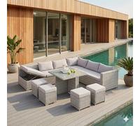 CONCEPT USINE | Salon de Jardin Samoa Encastrable 10 Places | Résine Tressée 4 Fils Gris Clair | Table Haute en Verre Trempé | Canapé d'angle Inclinable avec Coffre de Rangement | 4 Poufs et Coussins