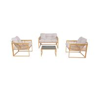 CONCEPT USINE | Salon de Jardin TURINI 4 Places Effet Rotin Naturel | 2 Fauteuils + Canapé 2 Places + Table Verre Trempé | Coussins Gris Clair Déperlants 12 cm | Design Compact & Confortable