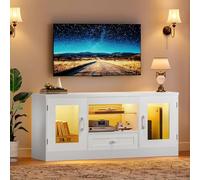 Concho Meuble TV Blanc 106 cm pour TV de 55" avec tiroirs, lumières, Meuble TV, Centre de Divertissement de Jeux, Meuble Bas avec étagère en Verre réglable, Support pour Salon, Chambre à Coucher