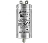 Condensateur permanent 10 µF pour moteur monophasé, boîtier aluminium Ø 35 mm, longueur 72 mm, cosses Faston et fixation M8. Fabriqué en Europe.