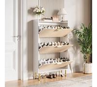 condinggen Meuble à Chaussures étroit à 3 Portes abattantes, Armoire | Panneaux particules PB + pieds métal - capacité 18-24 paires - étagères réglables - anti-basculement. 80x24x132 cm