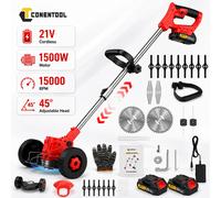 CONENTOOL Tondeuse à gazon électrique sans fil 21V 15000RPM Débroussailleuse avec poignée télescopique réglable 45 ° Désherbeur à tête rotative pour pelouse, jardin, patio 2 Batteries Green