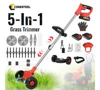 CONENTOOL Tondeuse à gazon sans fil 21V 1500W, débroussailleuse électrique avec roue de support, 5 lames de coupe, tige télescopique pour batterie Makita 18V 2 batteries YellowB