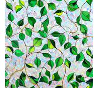 Conkov Film Fenêtre Anti Regard avec Effet Arc-en-Ciel, 3D Film Intimité Vitre Anti UV, Adhérence Statique sans Colle, Décoratif pour Salon Cuisine Bureau, Motif Feuilles Vertes, 44,5 x 200 cm