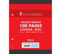 Conquérant Feuilles Simples 17x22cm Seyès 100 Pages 80g Grands Carreaux Sous Film Bleues