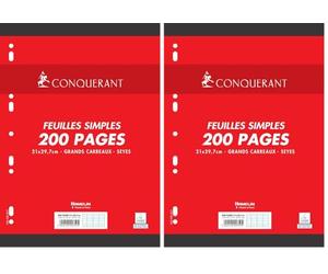 Conquérant Feuilles Simples A4 Grands Carreaux Seyès 200 Pages Sous Film Blanches (Lot de 2)