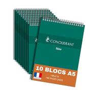 Conquérant lot de 10 Bloc-Notes Sténo A5 Uni 180 Pages Reliure Intégrale Couverture Carte Verte