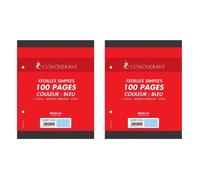 Conquérant Lot de 2 Feuilles Simples 17x22cm Seyès 100 Pages 80g Grands Carreaux Sous Film Bleues