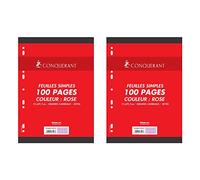 CONQUÉRANT Lot de 2 Feuilles Simples A4 Seyès 100 Pages 80g Grands Carreaux Sous Film Roses