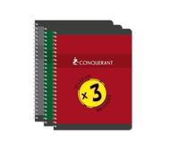 CONQUERANT Lot de 3 Cahiers 17x22 180 Pages 70g Seyès Reliure Intégrale Couverture Carte Couleurs Assorties