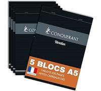 CONQUERANT lot de 5 Bloc-Notes Direction A5 Petits Carreaux 5mm 200 Pages Agrafées Tête Couverture Carte Gris