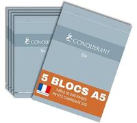 CONQUERANT lot de 5 Bloc-Notes Eco A5 Petits Carreaux 5mm 200 Pages Agrafées Tête Couverture Carte Bleue
