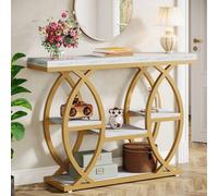 Console 100 x 30 cm, style industriel, 4 niveaux, idéale pour une entrée ou un couloir. Table d'appoint étroite en bois avec structure métallique, parfaite pour les petits espaces. Couleur : blanc dor